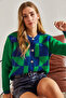 Women's Cobalt blue Green Patterned Buttoned Knitwear Cardigan 20234162 - 5