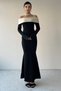 Women's Black Knitwear Fabric Madonna Collar Hem Wide Cut Long Sleeve Black White Dress 181 - 4