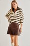 Women's Beige Brown Fur Collar Striped Zippered Knitwear Sweater 20234217 - 7