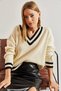 Women's Beige Black V-Neck Striped Knitwear Sweater 20234225