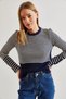 Women's Navy Blue Cream Buttoned Sleeves Striped Knitwear Sweater 20234212 - 4
