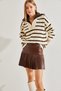 Women's Beige Brown Fur Collar Striped Zippered Knitwear Sweater 20234217 - 5