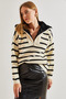 Women's Beige Black Fur Collar Striped Zippered Knitwear Sweater 20234217