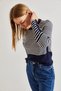 Women's Navy Blue Cream Buttoned Sleeves Striped Knitwear Sweater 20234212 - 5