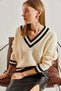 Women's Beige Black V-Neck Striped Knitwear Sweater 20234225 - 3