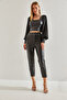 Women's Black Double Pleated Leather Trousers 60021012 - 6