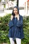 Women's Blue Hooded Casual Cotton Knitwear Jacket Cardigan with Zipper Bag Pocket