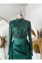 Satin Draped Evening Dress with Sequin and Paillette Details