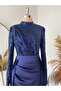 Satin Draped Evening Dress with Sequin and Paillette Details - 2