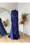 Satin Draped Evening Dress with Sequin and Paillette Details