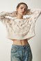 Women's Cream Ripped Detailed Openwork Crop Knitwear BV00112
