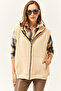 Women's Beige Kangaroo Pocket Hooded Oversize Vest