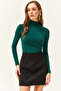 Women's Emerald Green High Collar Lycra Blouse with Gather Detail - 3