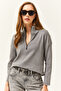 Women's Smoked Zippered Stand Collar Raised Sweatshirt - 4