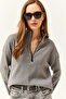 Women's Smoked Zippered Stand Collar Raised Sweatshirt