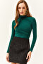 Women's Emerald Green High Collar Lycra Blouse with Gather Detail