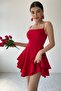 Cotton Atlas Fabric Thin Strap Skirt Fold Detail Red Mini Evening Dress 102 - 7