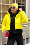 Women's Light Yellow Stand Collar Double Pocket Puffer Jacket with Elastic Waist ALC-X7684 - 3