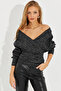 Women's Black-Silver Double-breasted Glitter Sweater KED125 - 2