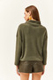 Women's Khaki Zippered Stand Collar Hooded Sweater - 4