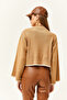 Women's Camel Spanish Sleeve Crop Knitwear Sweater - 5