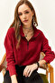 Woman's Burgundy Zippered Stand Collar Raised Sweatshirt