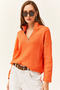 Women's Orange Zippered Stand Collar Hooded Sweater - 2