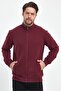 Men's Claret Red Cardigan with Cotton Zippered Stand Collar and Side Pockets - 2
