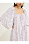 Floral Midi Dress Square Neck Balloon Sleeve - 5