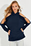 Women's Navy Blue Open Sleeve Hooded Sweatshirt Yİ2356
