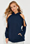 Women's Navy Blue Open Sleeve Hooded Sweatshirt Yİ2356 - 3