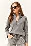 Women's Smoked Zippered Stand Collar Raised Sweatshirt - 3