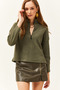 Women's Khaki Zippered Stand Collar Hooded Sweater