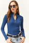 Women's Indigo Zippered Turtleneck Lycra Blouse - 3
