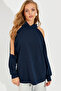 Women's Navy Blue Open Sleeve Hooded Sweatshirt Yİ2356 - 5