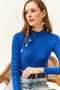 Women's Cobalt Blue Button Detailed Half Fisherman Lycra Blouse BLZ-19001608