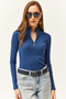 Women's Indigo Zippered Turtleneck Lycra Blouse - 2
