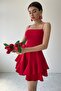 Cotton Atlas Fabric Thin Strap Skirt Fold Detail Red Mini Evening Dress 102 - 6