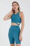 Turquoise High Collar Gathering Sports Bra - 5