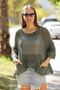 Women's Khaki Crew Neck Oversize Loose Cotton Knitted Blouse with Bag Pockets