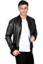 Men's Black Sleeve Collar Ribbed Zippered Faux Leather Sports Coat 23020662 - 7