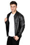 Men's Black Sleeve Collar Ribbed Zippered Faux Leather Sports Coat 23020662 - 6