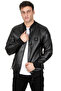 Men's Black Sleeve Collar Ribbed Zippered Faux Leather Sports Coat 23020662 - 2