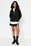 Siyah Oversize/Geniş Kalıp Yarım Fermuarlı Kalın İçi Polarlı Örme Sweatshirt TWOAW24SW00416 - 3