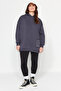 Antrasit Nakış Detaylı Oversize/Bol Kesim Örme Büyük Beden Sweatshirt TBBAW24AO00018 - 2