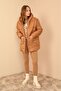 Lined Quilted Fabric and Hooded Long Sleeve Oversize/Bol Women's Coat Tan - 4