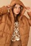 Lined Quilted Fabric and Hooded Long Sleeve Oversize/Bol Women's Coat Tan - 2