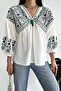 Women's White Embroidered Tasseled Cotton Blouse - 5