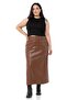 Large Size Long Brown Leather Skirt with Slit Detail and Pockets