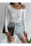 Women's White One Shoulder Loop Long Sleeve Diving Fabric Crop Blouse